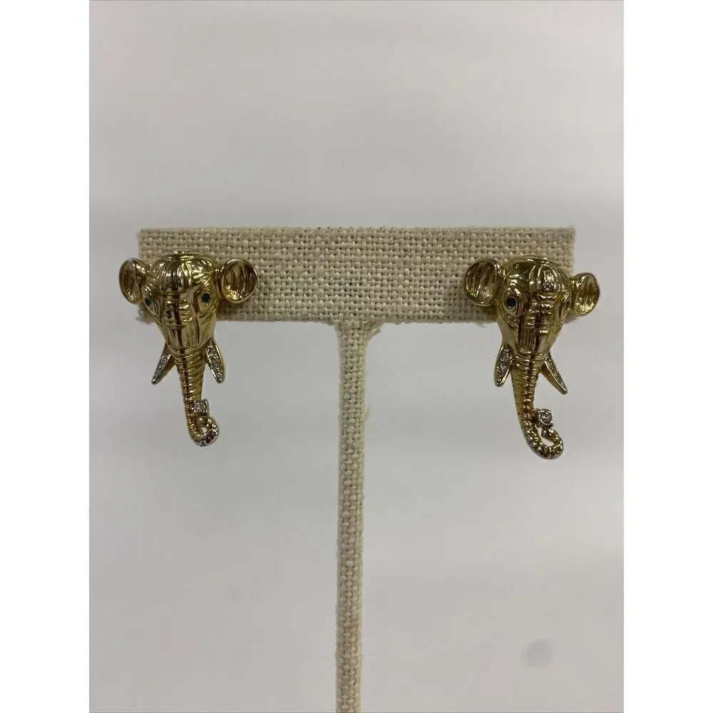 Vintage Elephant Pierced Earrings Rhinestone Gold Faux Emerald Eyes‎